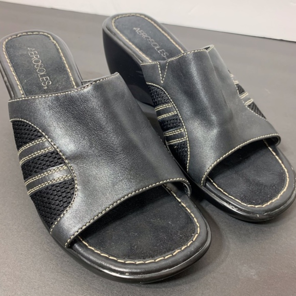 Aerosoles leather upper slip on wedge sandal‎ black